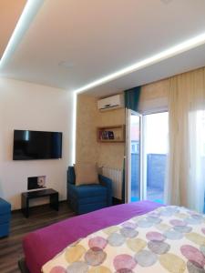 a bedroom with a bed and a couch and a tv at Lola Apartments in Banja Koviljača
