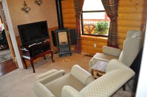 uma sala de estar com sofás, uma televisão e uma lareira em Elkwood Manor Bed & Breakfast em Pagosa Springs