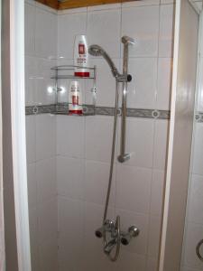 a shower in a bathroom with white tiles at Стаи за гости "КАТИ" Guest rooms "KATI" in Balchik +88 photos