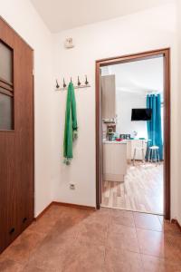 przedpokój z przesuwnymi szklanymi drzwiami i kuchnią w obiekcie P&O Apartments Waszyngtona w Warszawie