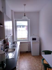 uma cozinha com um lavatório e um micro-ondas em Ferienwohnung Ahrendt em Dresden