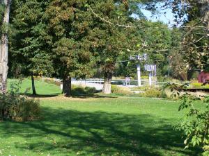 einen Park mit grünem Gras und Bäumen und einem Baumschatten in der Unterkunft Ferienwohnung Ahrendt in Dresden