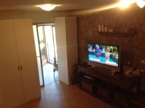 a living room with a flat screen tv on a wall at Apartma Vintgar in Bled