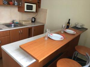 - une cuisine avec un comptoir avec des assiettes et des verres dans l'établissement Apartmán Darmon, à Piešťany