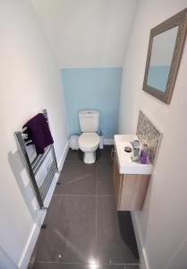 a bathroom with a toilet and a sink and a mirror at Gorse House in Leicester