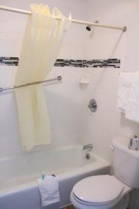 a bathroom with a white toilet and a tub and a sink at Chaparral Motor Inn in Burlington