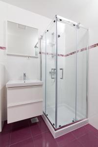 un bagno con doccia in vetro e lavandino di Sobe Meta a Brezje