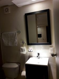 y baño con aseo, lavabo y espejo. en Hotel Los Angeles en Tequesquitengo