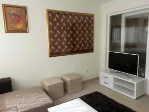 a living room with a flat screen tv on a wall at Kartini Apartment in Nin