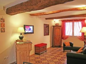 een woonkamer met een bank en een tv bij Attractive holiday home with swimming pool in Montagnac