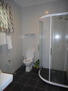 uma casa de banho com um WC e uma cabina de duche em vidro. em Langkah Syabas Beach Resort em Kinarut