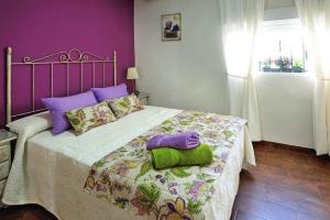 1 dormitorio con 1 cama con paredes moradas y moradas en De Patios, en Córdoba