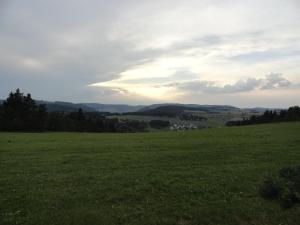 um campo de relva verde com vista para uma cidade em Cosy holiday home in Willingen Usseln with terrace em Willingen