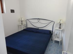 een slaapkamer met een blauw bed en 2 nachtkastjes bij casa bellavista in Marina di Campo