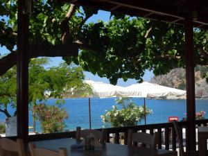 a view of the ocean from a restaurant window at Calypso in Agia Roumeli