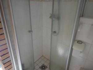 a shower with a glass door in a bathroom at Ferienhaus Krüger in Loissin +12 photos
