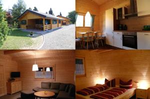 a room with a couch and a kitchen and a house at Ferienpark Seeblick in Großkoschen