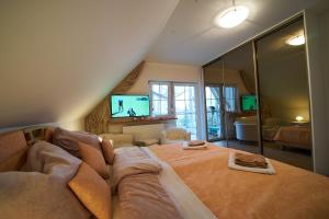 カルロヴィ・ヴァリにあるBluestars Apartmentsのベッドルーム(大型ベッド1台、テレビ付)