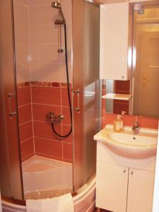 uma casa de banho com um chuveiro e um lavatório. em Apartment Marjana em Podgora