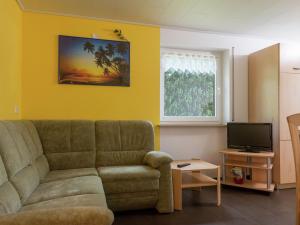 a living room with a couch and a tv at Quiet apartment in Neukirch with private terrace in Furtwangen