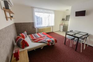 Kleines Zimmer mit einem Bett und einem Tisch in der Unterkunft Apartmány Vilma in Lednice