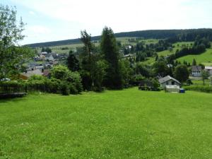 um campo de relva verde com uma cidade ao fundo em Appealing holiday home in Altenfeld with terrace em Altenfeld