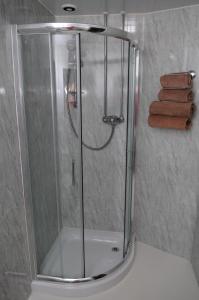 y baño con ducha de cristal y aseo. en Hogs Head Hotel, en Nottingham