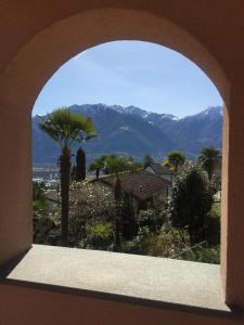 ein Fenster mit Blick auf eine Palme und die Berge in der Unterkunft Green View Apartments in Contra