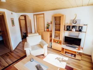 a living room with a white chair and a television at Apartment near the forest in Plankenstein in Plankenfels