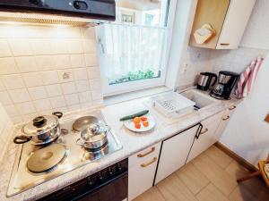 a small kitchen with a stove and a sink at Apartment near the forest in Plankenstein in Plankenfels