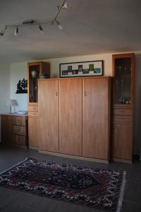 a large room with wooden cabinets and a rug at Ferienappartement mit Schwimmbad und Alpenblick in Höchenschwand