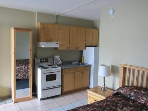 una piccola cucina con fornelli e lavello di Schell Motel a Vernon