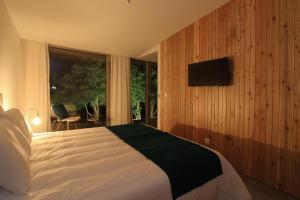 1 dormitorio con 1 cama y TV en la pared en World's Nests Furnas Pods Village, en Furnas