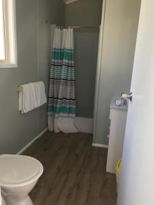 uma casa de banho com um WC e um chuveiro em Kingfisher Caravan Park em Tin Can Bay