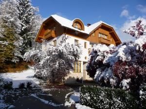 une maison recouverte de neige et d'arbres dans l'établissement Apartments Mira, à Bled