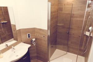 Hotel Garni Reis في تريس كاردن: حمام مع دش ومغسلة