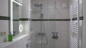 uma casa de banho com um chuveiro e uma porta de vidro em Sonnengruss am Strand em Eckernförde