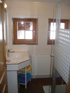baño con lavabo, ventana y ducha en Landhaus Wiederkehr, en Ramsau am Dachstein