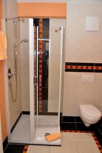 a shower with a glass door in a bathroom at Gasthaus Zur Rebe in Mehring
