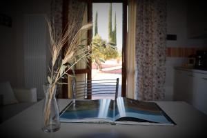 um livro sobre uma mesa com um vaso e um livro em Agriturismo L'Aquilone em Magliano in Toscana