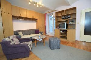 a living room with a couch and chairs and a tv at Apartments Lavanda - Zagreb Centre in Zagreb