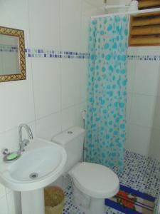 a bathroom with a toilet and a sink at Pousada Praia de Tairu in Armação do Tairu