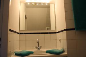 ein Waschbecken mit einem Spiegel und grünen Handtüchern in der Unterkunft Reethus Stöfs in Behrensdorf