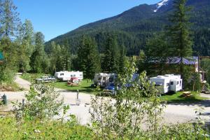 a group of rvs parked in a field with a mountain at Noah's Ark Campground in Malakwa