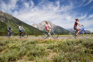three people riding bikes on a road in the mountains at Jenny Lake Lodge in Beaver Creek