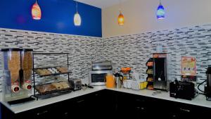 a kitchen with a counter in a room at Oak Tree Inn & Suites in Claxton