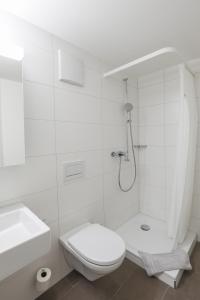 een witte badkamer met een toilet en een douche bij Serviced Apartments Haus 1 in Uzwil