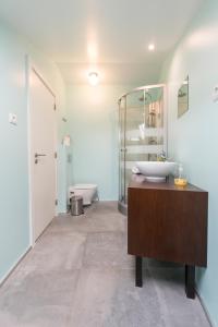 a bathroom with a sink and a mirror and a toilet at Charming Apartment Tram 28 in Lisbon +39 photos