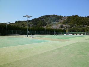 a couple of tennis courts with a mountain in the background at Pension Flora in Tateyama