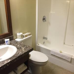 a bathroom with a toilet and a sink and a tub at Coastal Inn Moncton/ Dieppe in Moncton